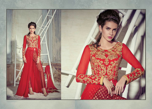 Sophisticated Red Georgette Designer Suit