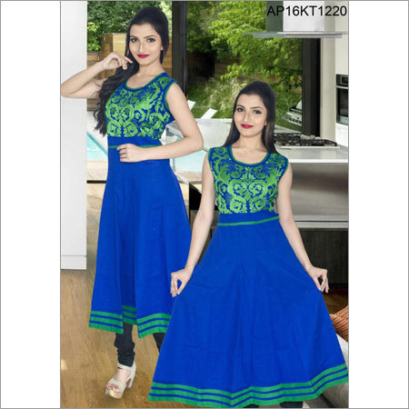 Anarkali Pattern Kurti - Cotton, Ankle Length, Blue | Sleeveless, Round Neckline, Soft Fabric, Lightweight, Stylish Look