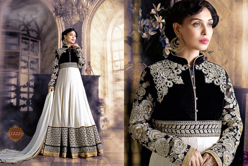 Ecstatic Off White Georgette Anarkali Suit - Georgette Fabric, Off White, Customizable Size | Resham Embroidery, Patch Border, Yoke Work, Matching Chiffon Dupatta