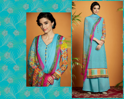 Glossy Light Turquoise Cotton Satin Designer Palazzo Suit