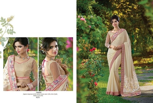 Spectacular Beige Embroidered Work Faux Chiffon Designer Saree