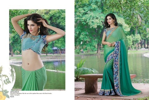 Compelling Green Faux Chiffon Designer Saree - Faux Chiffon, 5.5 Meters, Green | Embroidered Patch Border, Matching Blouse, Elegant Drape
