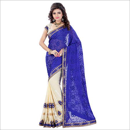 Blue And Beige Embroidered Sarees