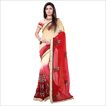 Red and Beige Embroidered Saree