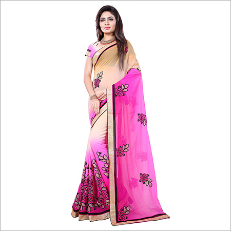 Baby Pink and Beige Embroidered Saree