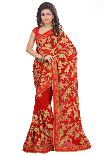Georgette Fancy Red Embroidered Saree