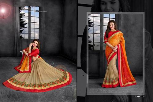 Inviting Orange Georgette On Fancy Net Saree - Georgette, Net, 5.5 Meters, Orange | Resham Work, Lace Work, Floral & Geometric Prints