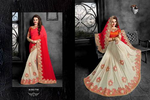 Tenuous Red Crushed Georgette Designer Saree