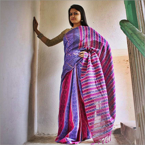 Cotton Pink And Blue Khesh Print Saree