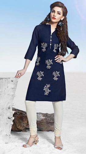 Dry Cleaning Neavy Blue Cotton Embroidered Classic Wear Straight Cut Stitched Ladies Fashionable Kurti