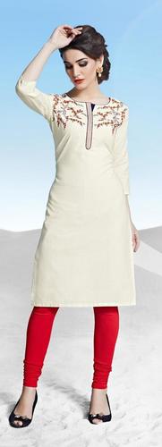 Dry Cleaning Cream Cotton Embroidered Kitty Party Wear Straight Cut Stitched High Fashionable Kurti
