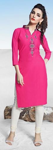 Dry Cleaning Pink Cotton Embroidered Western Wear Straight Cut Stitched Graphic Fashionable Kurti