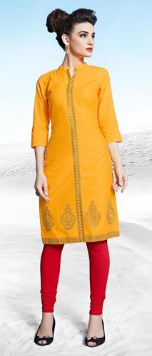 Dry Cleaning Yellow Cotton Embroidered Ethnic Wear Straight Cut Stitched Graphic Design Fashionable Kurti