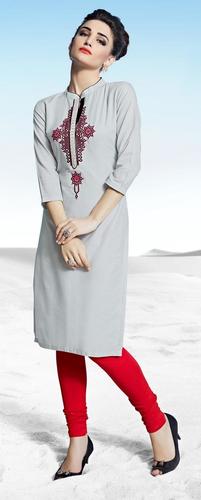 Dry Cleaning Light Grey Cotton Embroidered Festive Wear Straight Cut Stitched Fashionable Style Kurti
