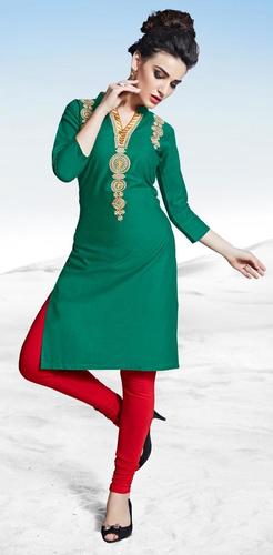 Dry Cleaning Green Cotton Embroidered Outdoor Wear Straight Cut Stitched Women Fashionable Tops