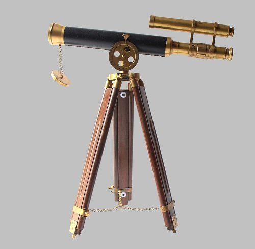 Marine Navy Leather Elegant Telescope With Rosewood Tripod Stand