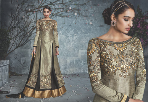 Glorious Grey Bhagalpuri Silk Lehenga Style Designer Suit - Bhagalpuri Silk, Grey, Chiffon Dupatta, Resham & Lace Embroidery