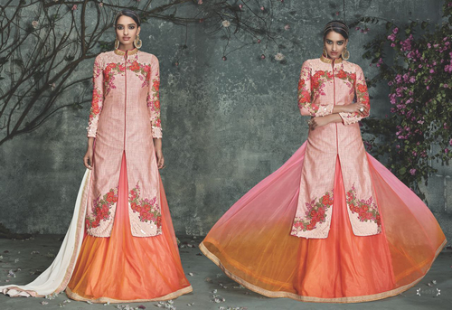 Celestial Multi Shaded Bhagalpuri Silk Georgette Lehenga Style Anarkali Suit
