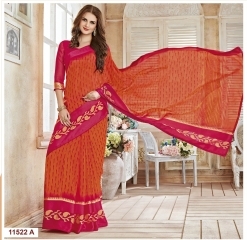 Invigorating Georgette Orange Saree - 5.5 Yards, Upto 42 Inch Blouse | Floral and Striped Print, Customizable Blouse