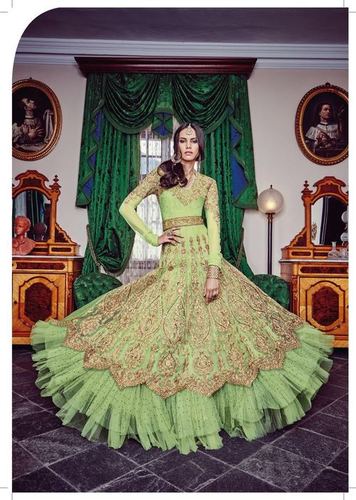 Submissive Pista Green Net Anarkali Suit - Net Fabric, Custom Size, Pista Green, Chiffon Dupatta | Resham, Diamond, Patch Border Work