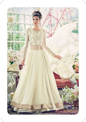 Insightful Off White Net Lehenga Style Anarkali Suit - Net, Chiffon, Off White, Custom Sizes | Resham, Patch Border, Zari, Diamond Work, Chiffon Dupatta