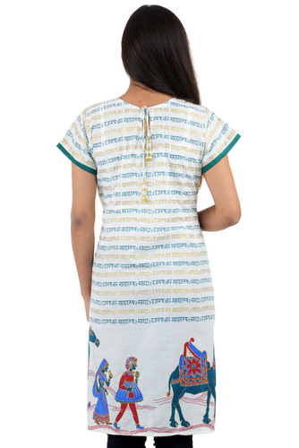 Cotton Kurti - Customized Size , White A-line Design with Printed Hindi Alphabets for Girls