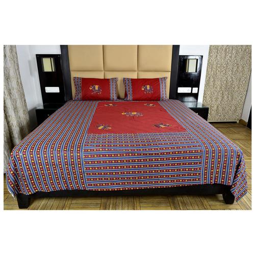 Appliqu Work Double Bed Sheet Set - 90x108 Inches | Multi-Color Cotton, Traditional Elephant Print with Matching Pillow Covers