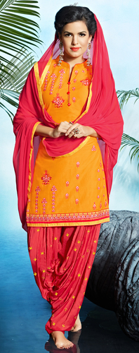 Yellow Pure Cotton Embroidered Party Wear Patiyala Unstitched Dresses For Women