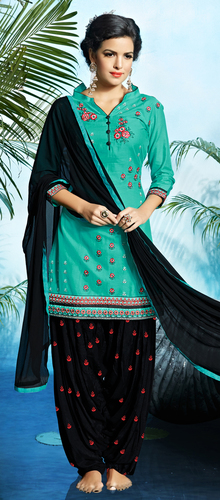 Indian Blue Pure Cotton Embroidered Semi Formal Wear Punjabi Unstitched Salwar Dress
