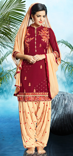 Indian Maroon Pure Cotton Embroidered House Wear Panjabi Unstitched Salwar Dupatta Set