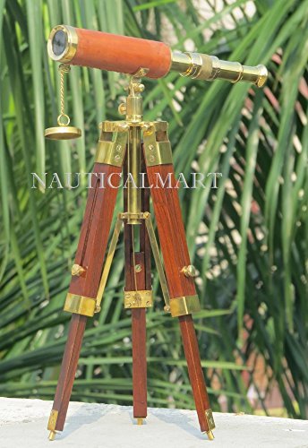 10"Nautical Floor Standing Single Barrel Leather Brass Tripod Telescope