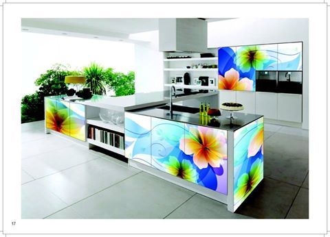 Designer Kitchen - Wood, Glass, Mica, Variable Dimensions, White | Weatherproof Surface, Floral Design, Easy Installation, Flawless Finish