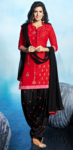 Indian Red Pure Cotton Embroidered Western Wear Punajabi Unstitched Dress Material