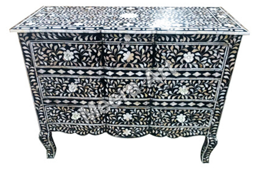 Modern Bone Inlay Painted Black White floral Chest Drawers