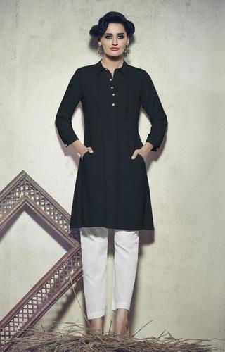 Nevy Blue Rayon Embroidered Ethnic Wear Tunics - Size L/XL/XXL 38 Inches Length | Modern 3-4th Sleeve Casual & Party Wear with Pocket