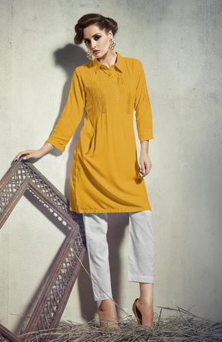 Washable Yellow Rayon Embroidered Formal Wear Straight Cut Stitched Retro Fashionable Tunics With Pocket