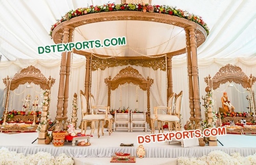 Wooden Carved Indian Wedding Mandaps - Handcrafted Durable Wood, Round Design, Brown | Intricate Carving, Traditional Royal Style, Easy Assembly