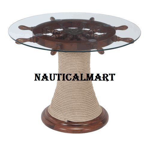 24" Ship Wheel Table With Natural Oak Wood For Home Decor