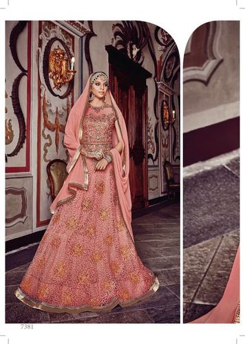 Goodness Peach Net Designer Anarkali Suit - Net Fabric, Peach Color, Custom Size | Resham, Diamond & Patch Border Work, Chiffon Dupatta