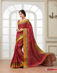 Fervid Red Cotton Saree - 5.5 Meters, Red, Cotton | Floral and Stripes Print, Customizable Blouse Up to 42 Inches