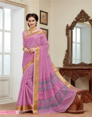 Submissive Cotton Pink Saree - 5.5 Meters, Floral & Stripes Print, Customizable Blouse Up To 42 Inches, Soft Comfortable Fabric