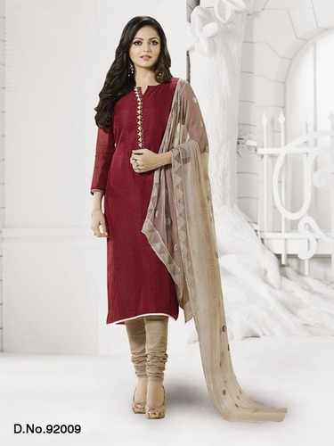 Ladies Dress Material - Geometrical Resham Thread Work With Sequin & Pearl Accents | Maroon Color, Full Sleeves, Embroidered Pattern, Dry Clean Only, Spring Collection