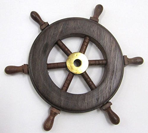 6"Decorative Wooden Ship Wheel Ornament Wood And Brass