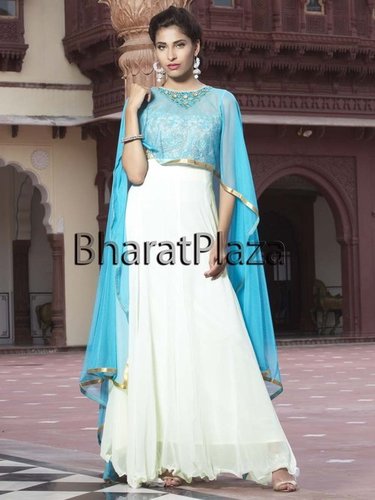 Off White Anarkali Suits - Georgette Floor-Length, Off White & Sky Blue | Zari, Thread, Sequins Work, Elegant Design