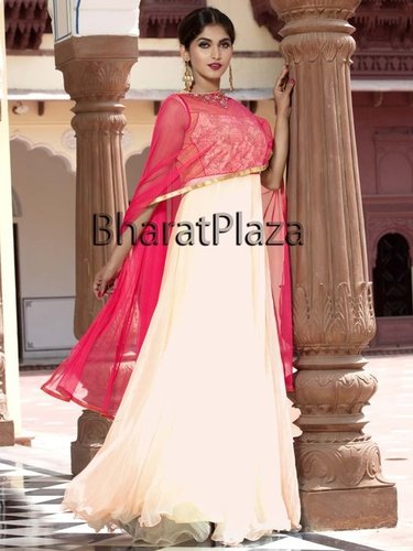 Party Wear Anarkali Suit - Georgette Off-White with Hot Pink Net Dupatta | Zari, Thread, Sequins Work