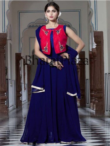 Blue Anarkali Dress - Georgette Fabric, Blue Color | Diamantes, Cutdana, Resham, Mirror, Bullion Embellished Jacket, Elegant Stylish Graceful Design
