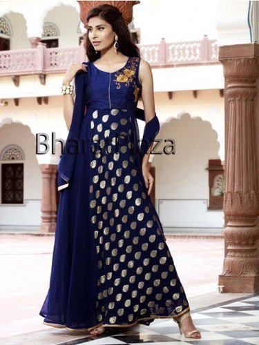 Party Wear Anarkali Suit - Georgette Brocade, Ankle Length, Blue | Golden Zari Work, Matching Bottom & Dupatta