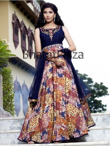 Sleeveless Anarkali Suit - Crepe, Ankle-Length, Navy Blue | Multicolor Print, Embellished Neck, Net Dupatta Included