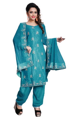 Crystal Work Salwar Kameez - Silk, 54 Inches, Teal | Hand Embroidery, Elegant Design, Soft Fabric, Comfortable Fit