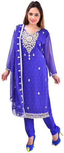 Blueish Salwar Kameez - Chiffon, Medium, 54 Inches, Blue | Elegant Design, Comfortable Fit, Intricate Silver Embroidery